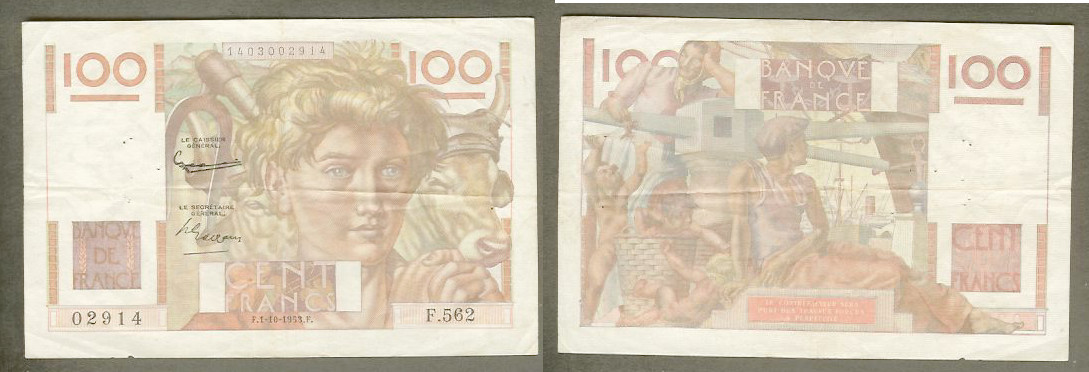 100 francs Young Farmer 1.10.1953 VF